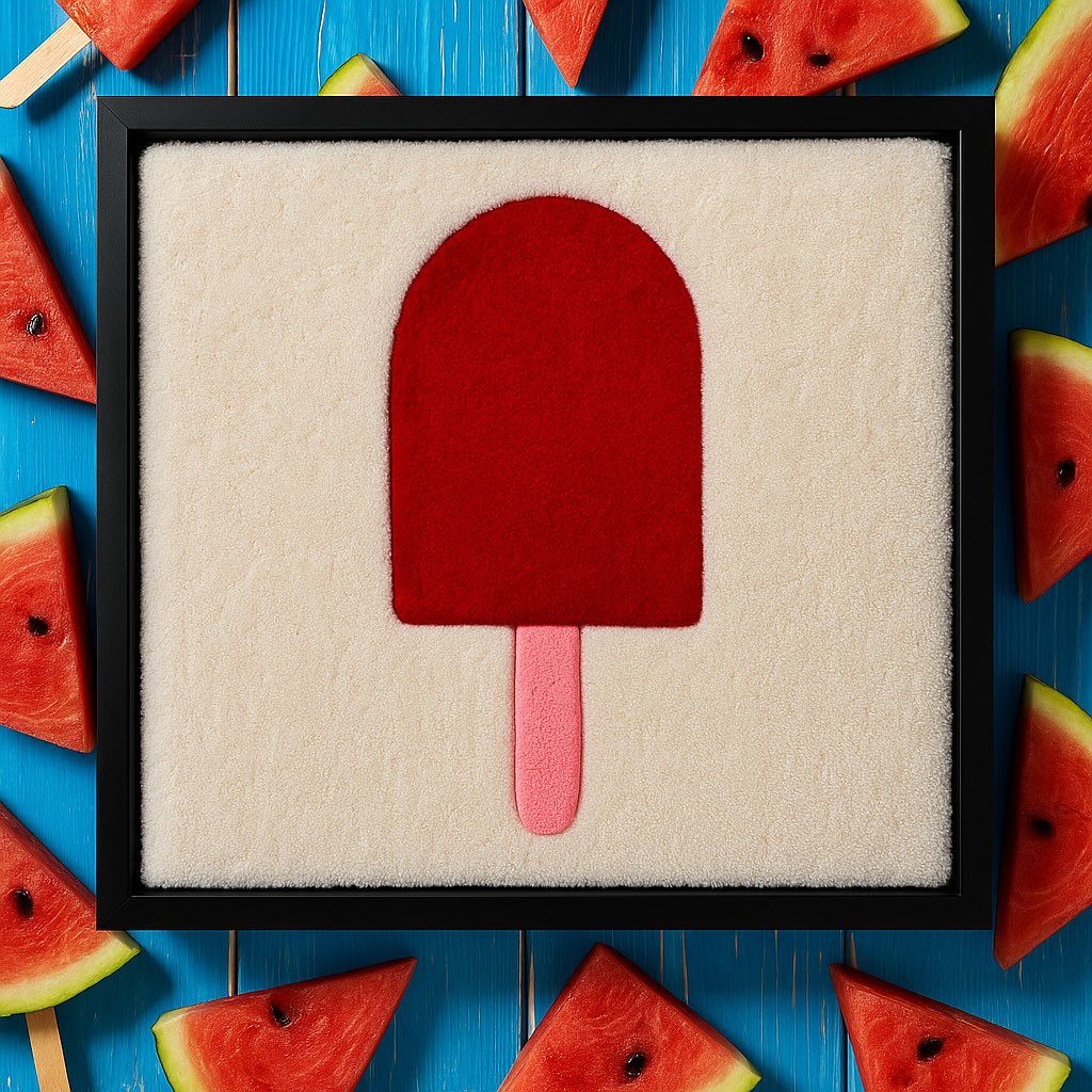 Hand-tufted wall art. Ice cream red in wooden frame. 50x50 cm.