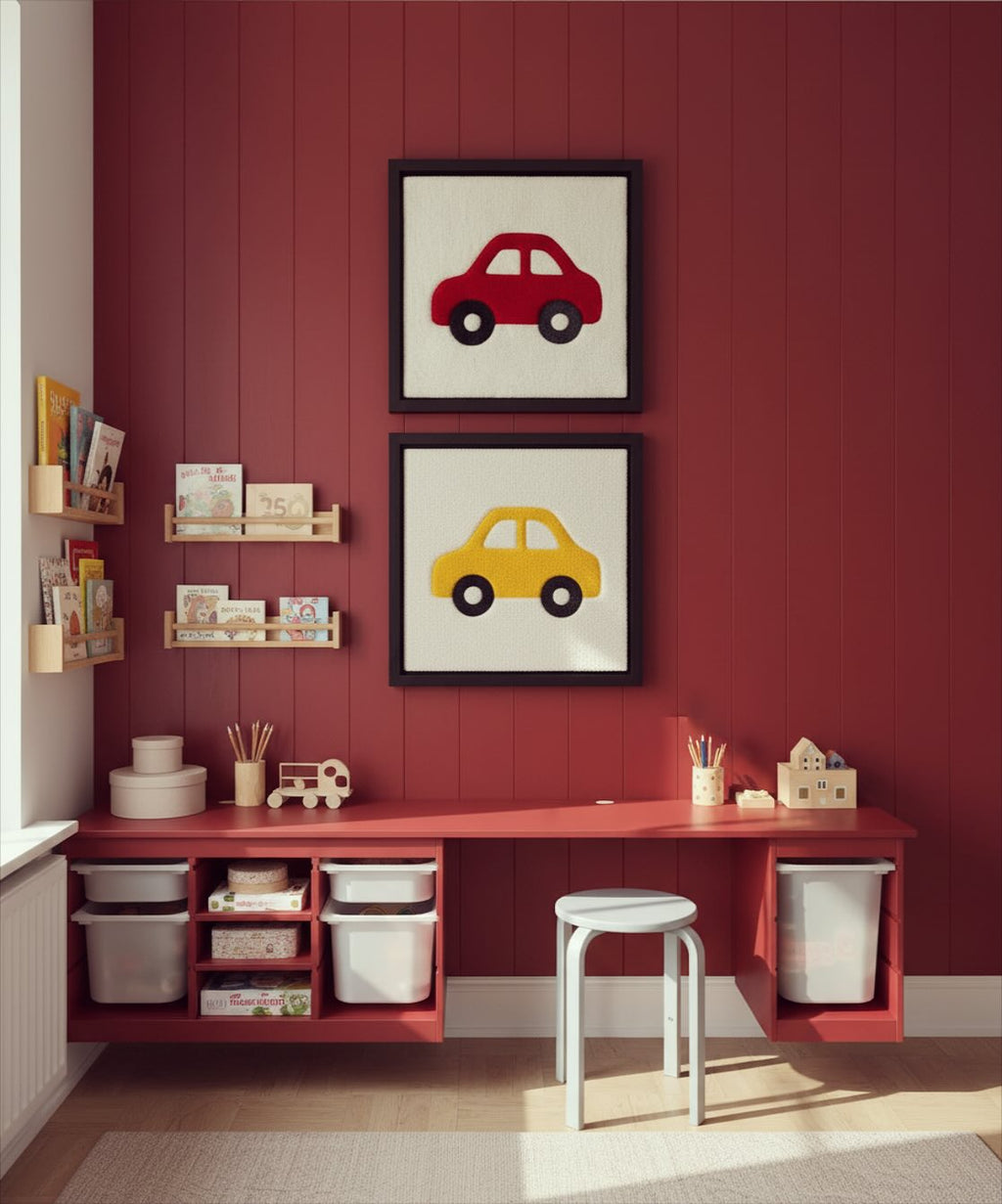 Hand-tufted wall art. Car red in wooden frame. 50x50 cm.