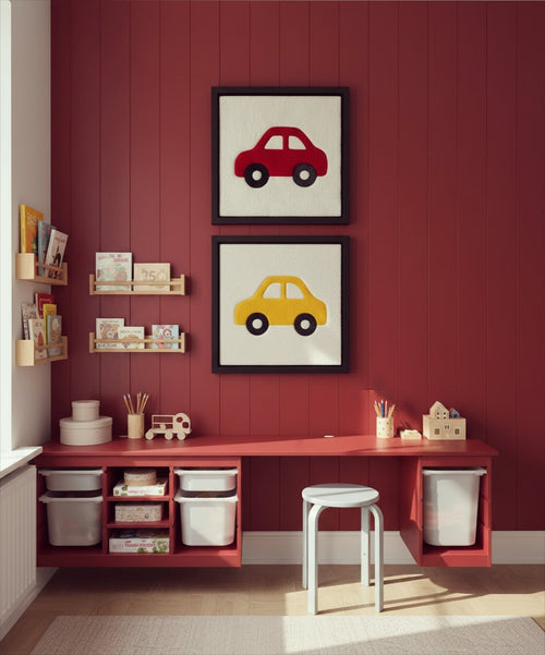 Hand-tufted wall art. Car red in wooden frame. 50x50 cm.