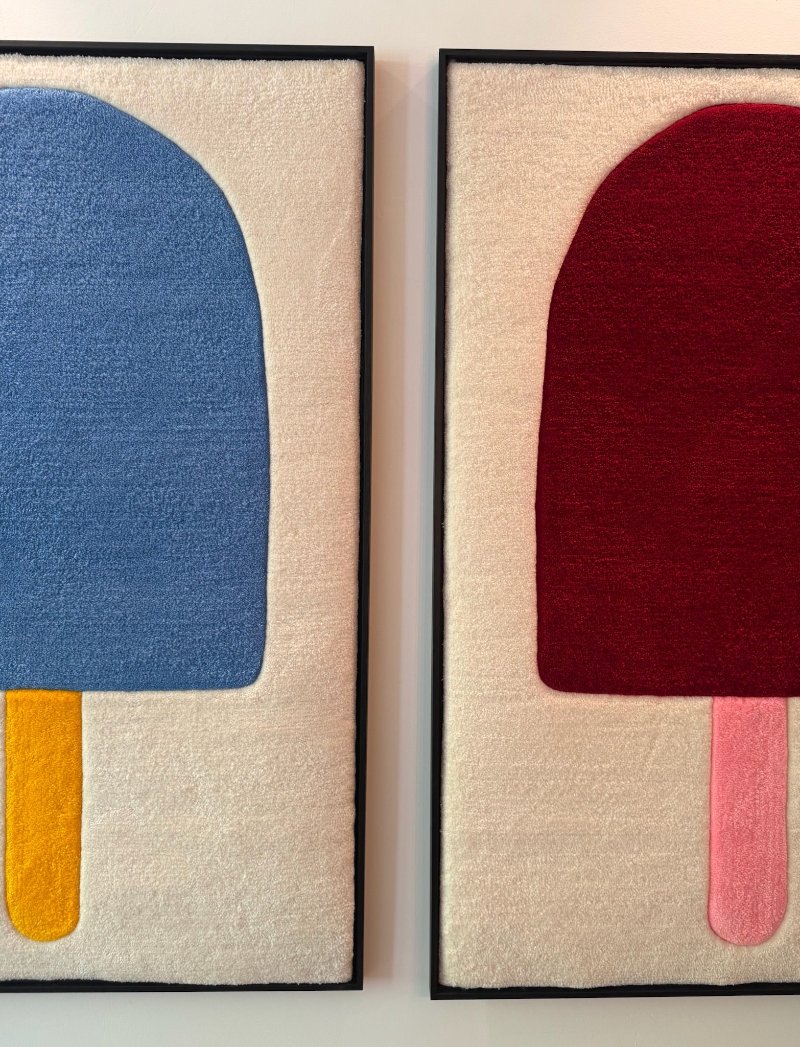 Hand-tufted wall art. The Big Ice Cream red in wooden frame. 100x120