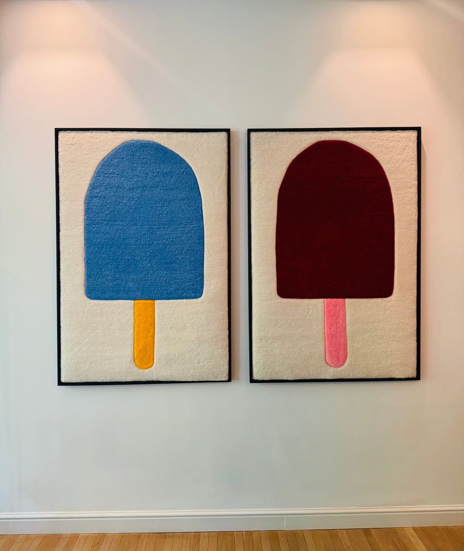Hand-tufted wall art. The Big Ice Cream red in wooden frame. 100x120