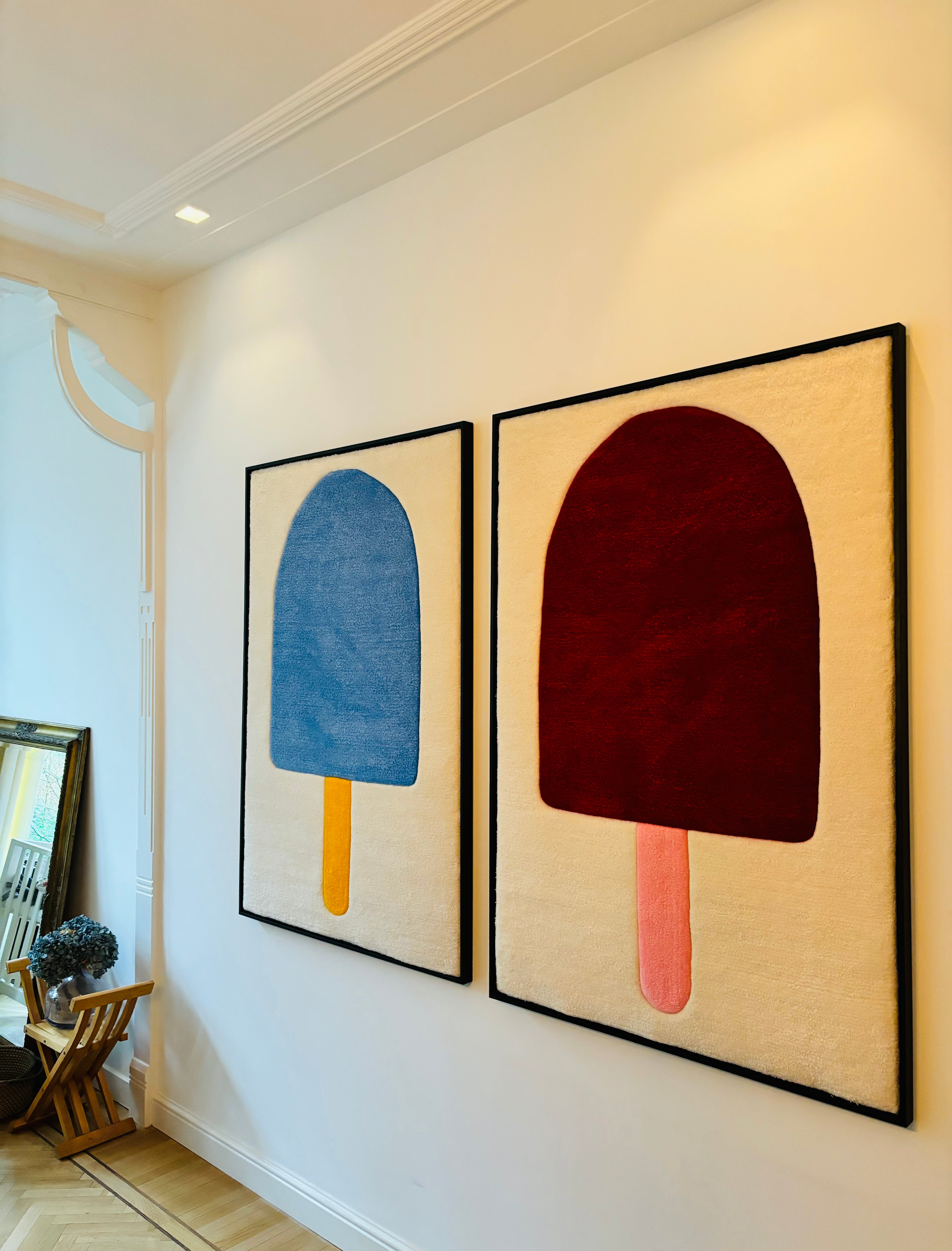 Hand-tufted wall art. The Big Ice Cream blue in wooden frame. 100x120