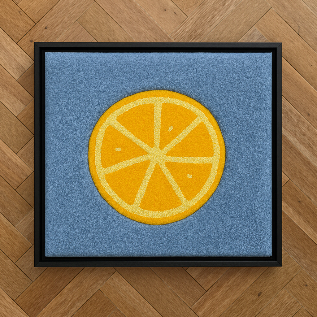 Hand-tufted wall art. Lemon in wooden frame. 30x30