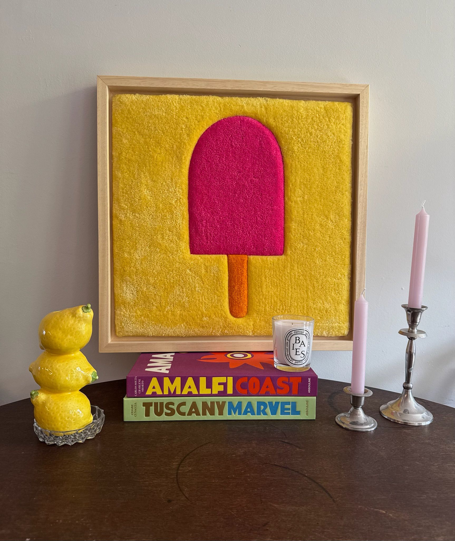 Hand-tufted wall art. Ice cream yellow pink. 50x50
