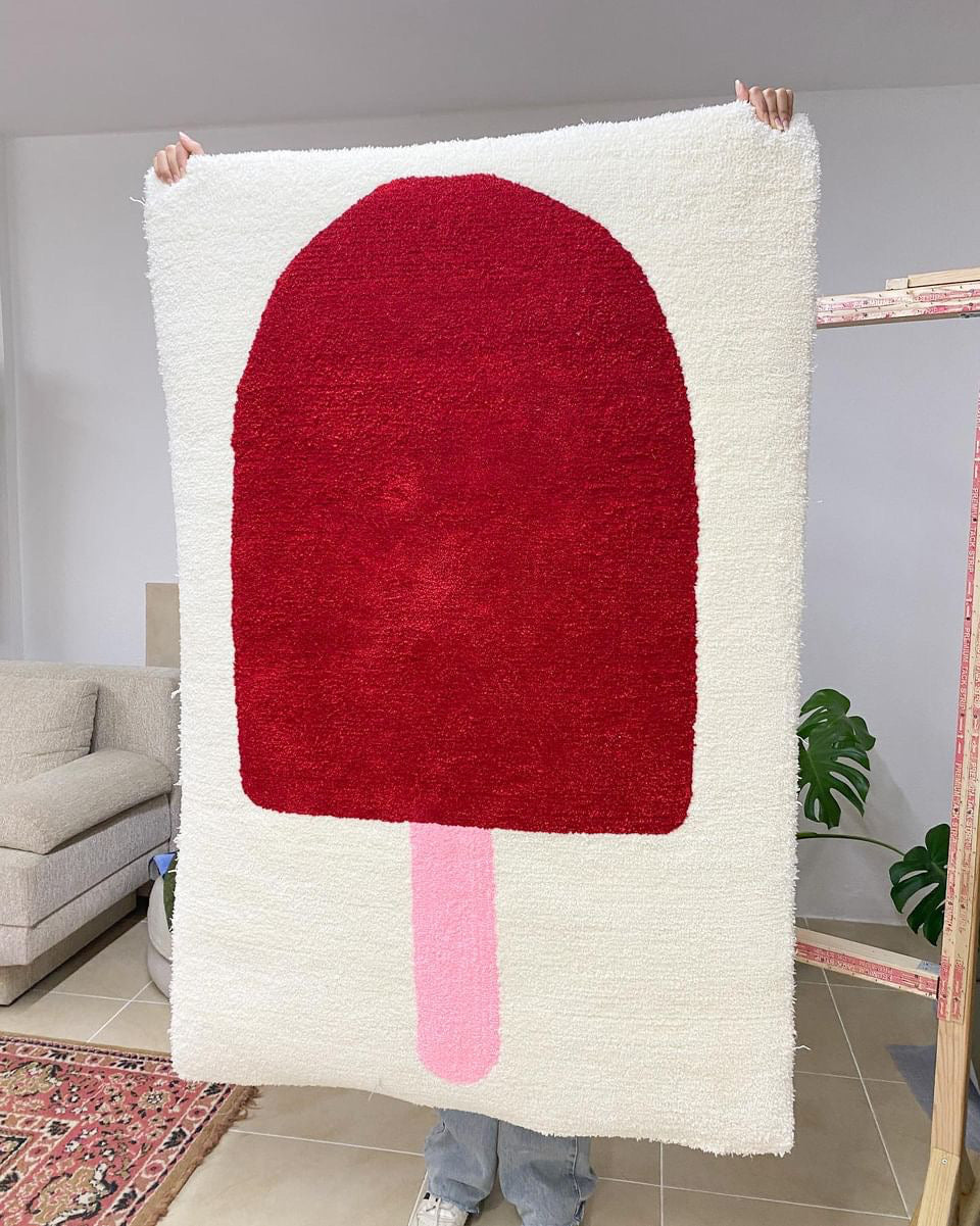 Hand-tufted wall art. The Big Ice Cream red in wooden frame. 100x120
