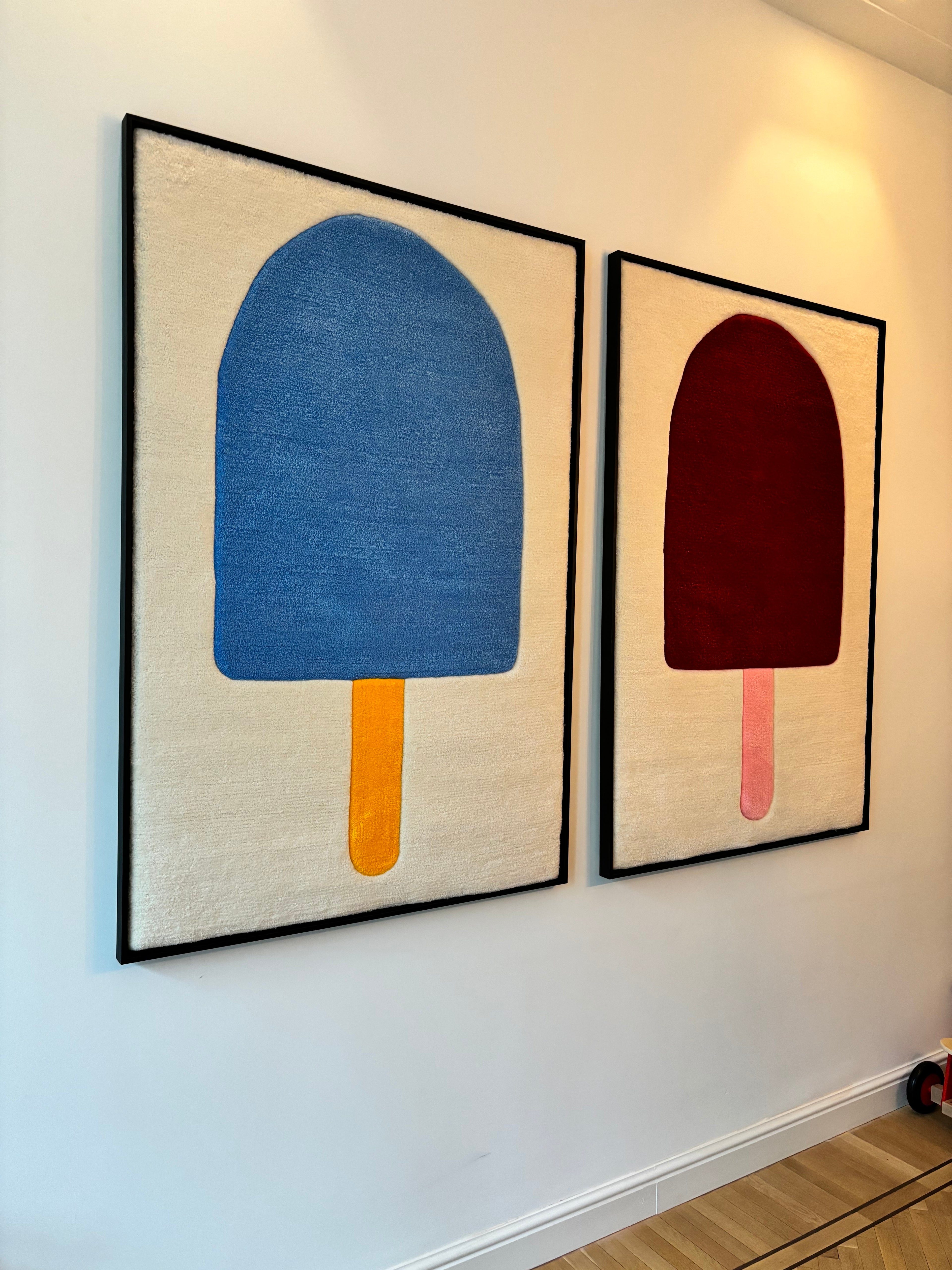Hand-tufted wall art. The Big Ice Cream blue in wooden frame. 100x120