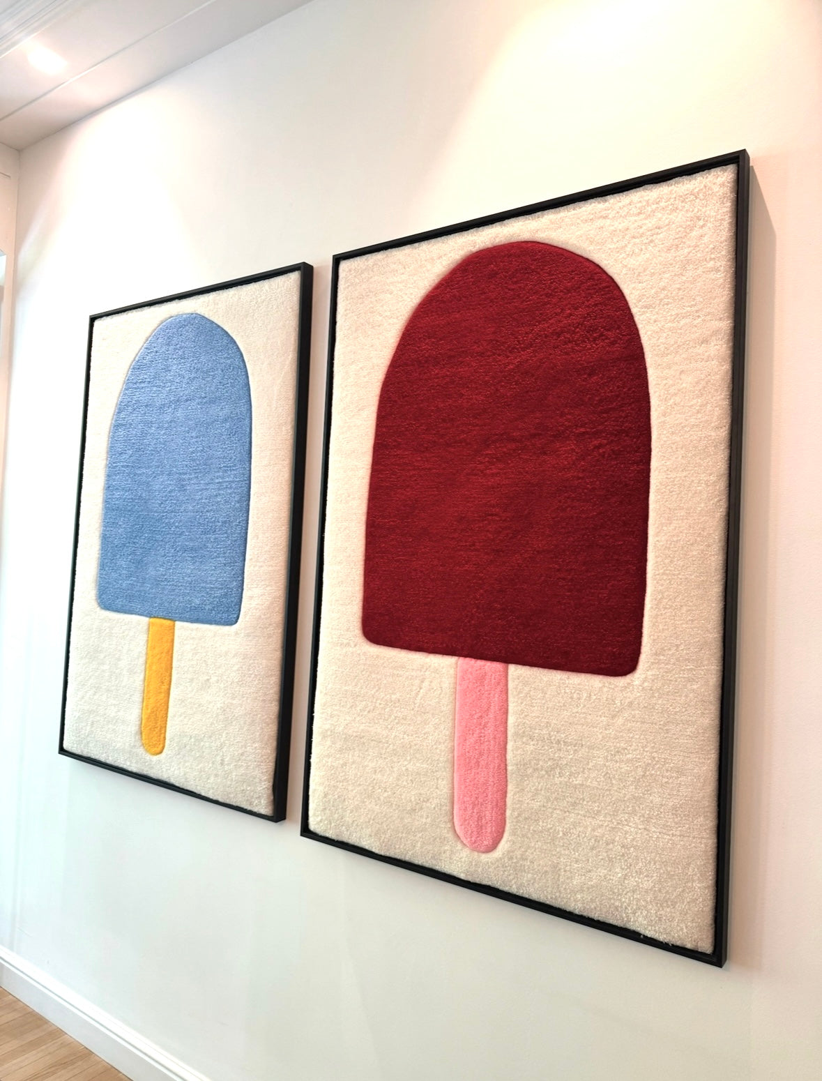 Hand-tufted wall art. The Big Ice Cream red in wooden frame. 100x120