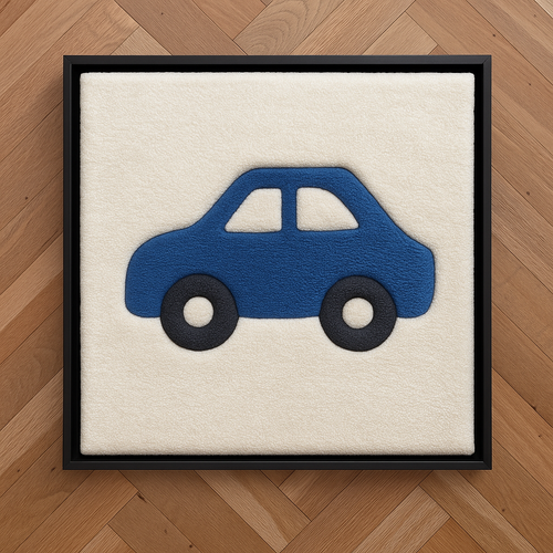 Hand-tufted wall art. Car blue in wooden frame. 50x50