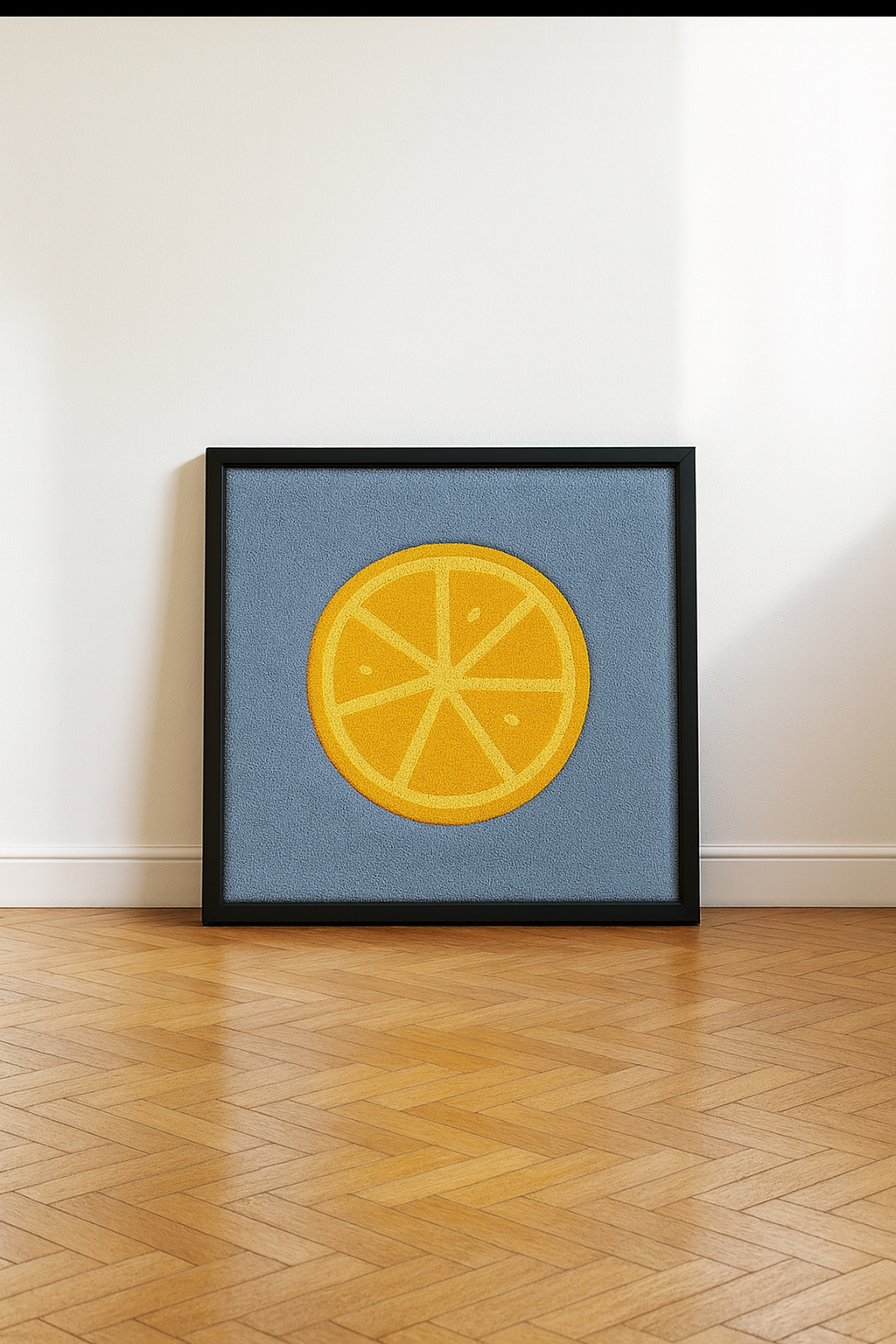 Hand-tufted wall art. Lemon in wooden frame. 50x50