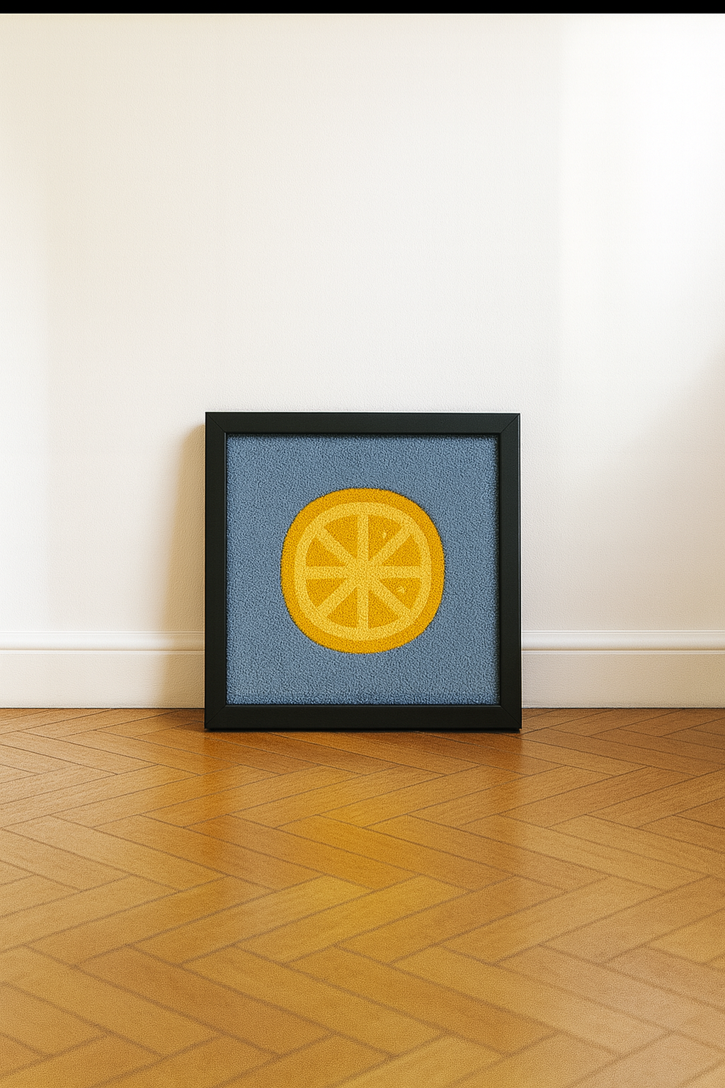 Hand-tufted wall art. Lemon in wooden frame. 30x30