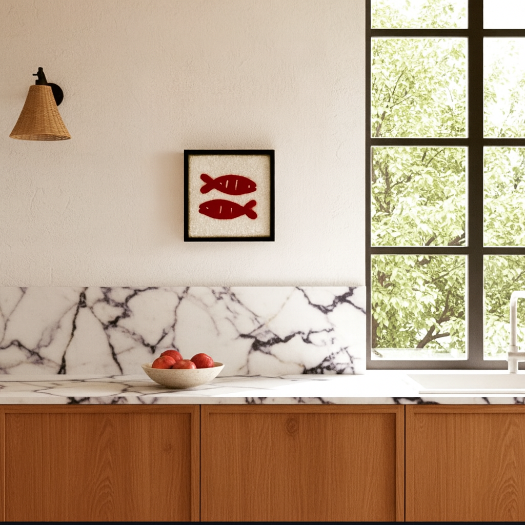 Hand-tufted wall art. Sardines red in wooden frame. 30 x 30 cm.