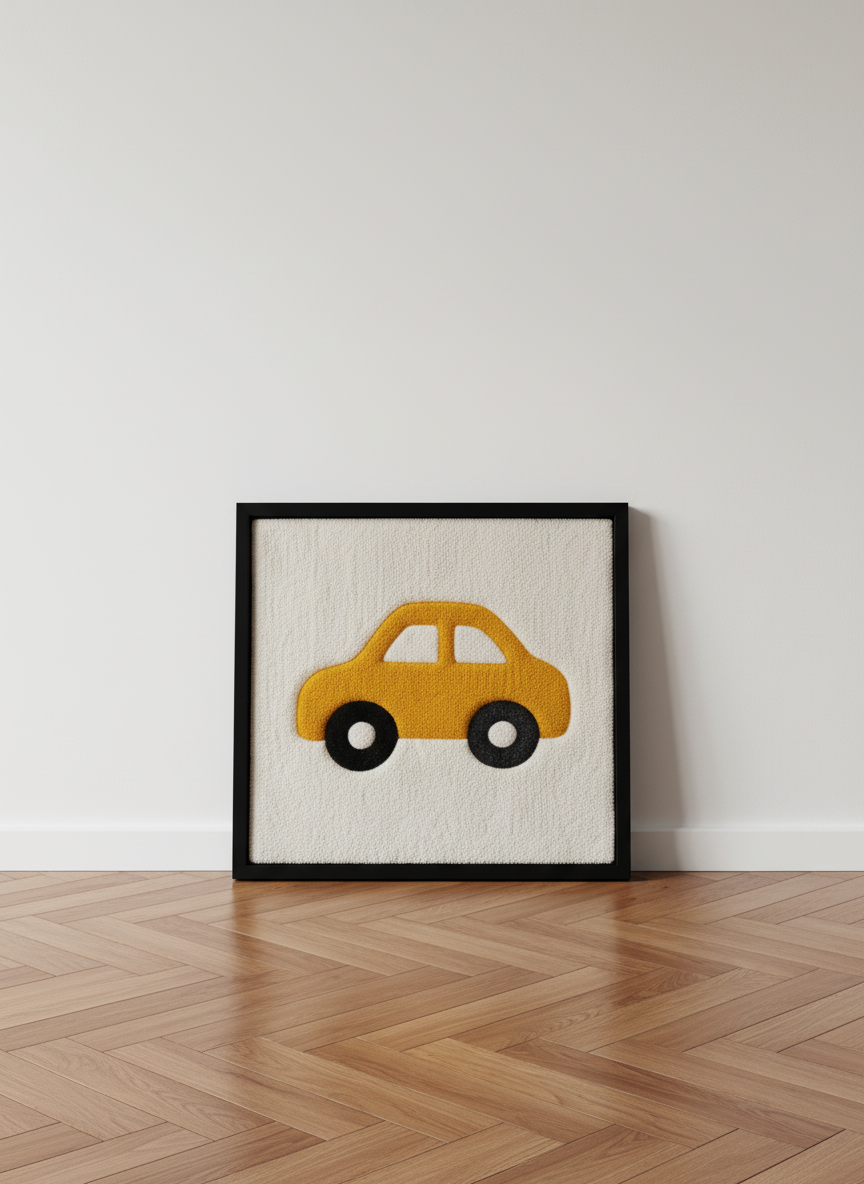 Hand-tufted wall art. Car yellow in wooden frame. 50x50 cm.