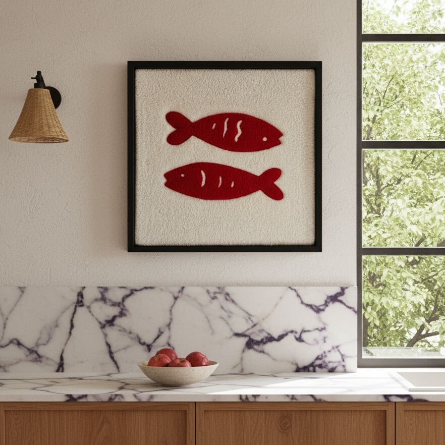 Hand-tufted wall art. Sardines red in wooden frame. 50x50 cm.