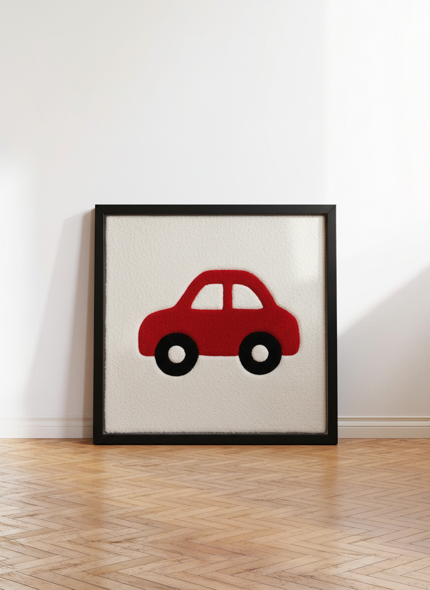 Hand-tufted wall art. Car red in wooden frame. 50x50 cm.