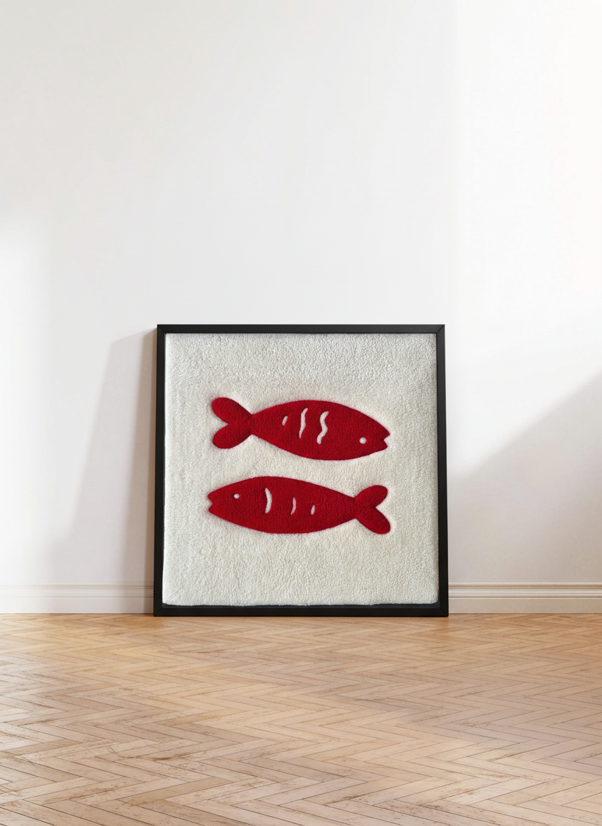 Hand-tufted wall art. Sardines red in wooden frame. 30 x 30 cm.