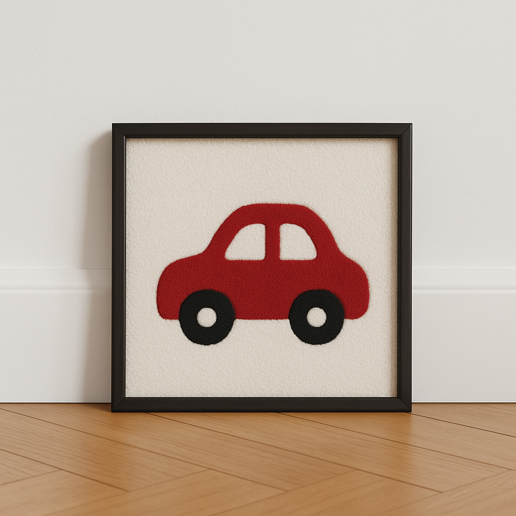 Hand-tufted wall art. Car red in wooden frame. 30x30 cm.