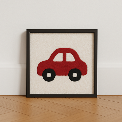 Hand-tufted wall art. Car red in wooden frame. 30x30