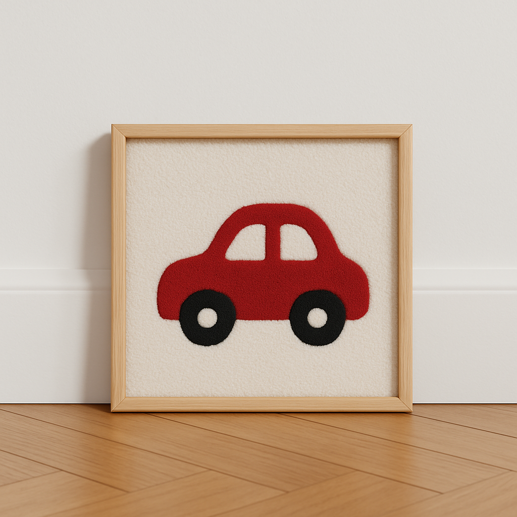 Hand-tufted wall art. Car red in wooden frame. 30x30 cm.