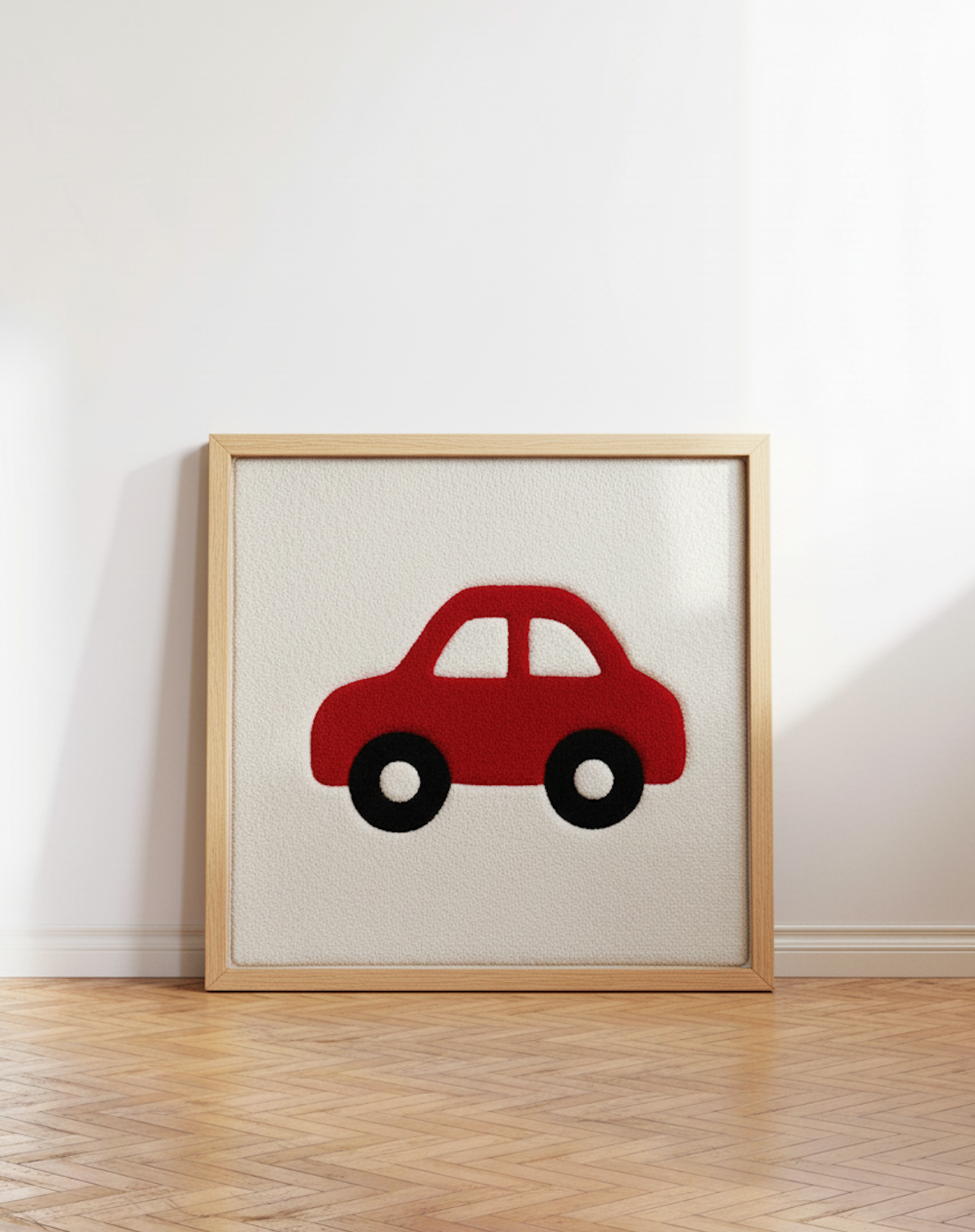 Hand-tufted wall art. Car red in wooden frame. 50x50 cm.