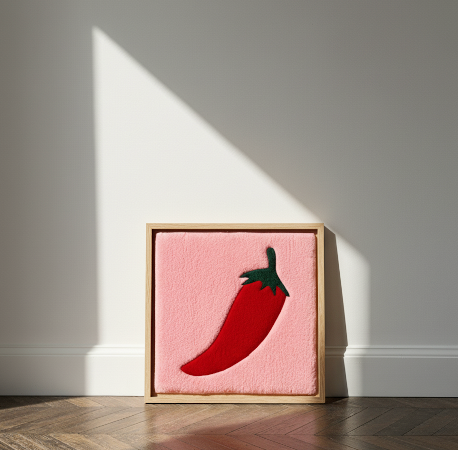 Hand-tufted wall art. Hot Chili red in wooden frame. 50x50 cm.