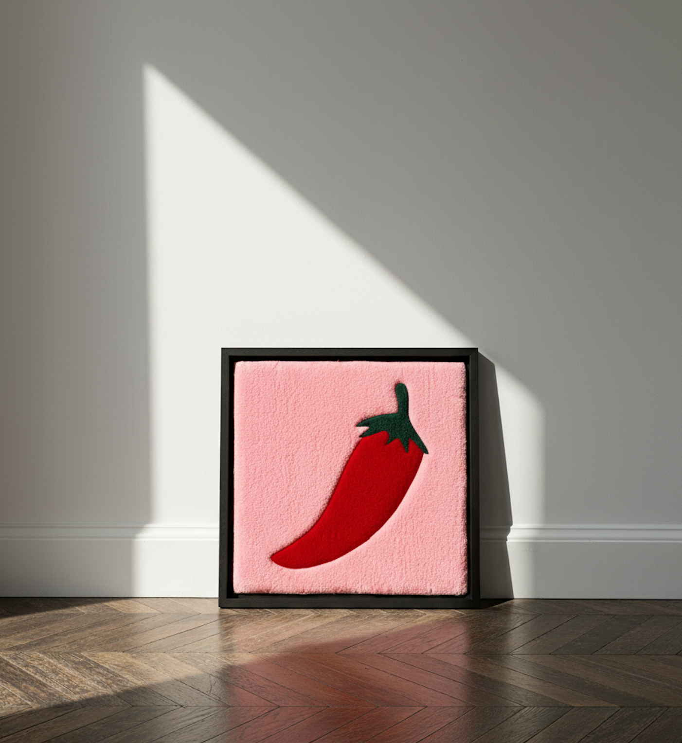 Hand-tufted wall art. Hot Chili red in wooden frame. 50x50 cm.
