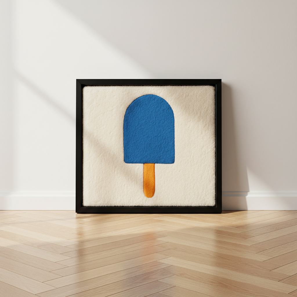 Hand-tufted wall art. Ice cream blue in wooden frame. 50x50 cm.