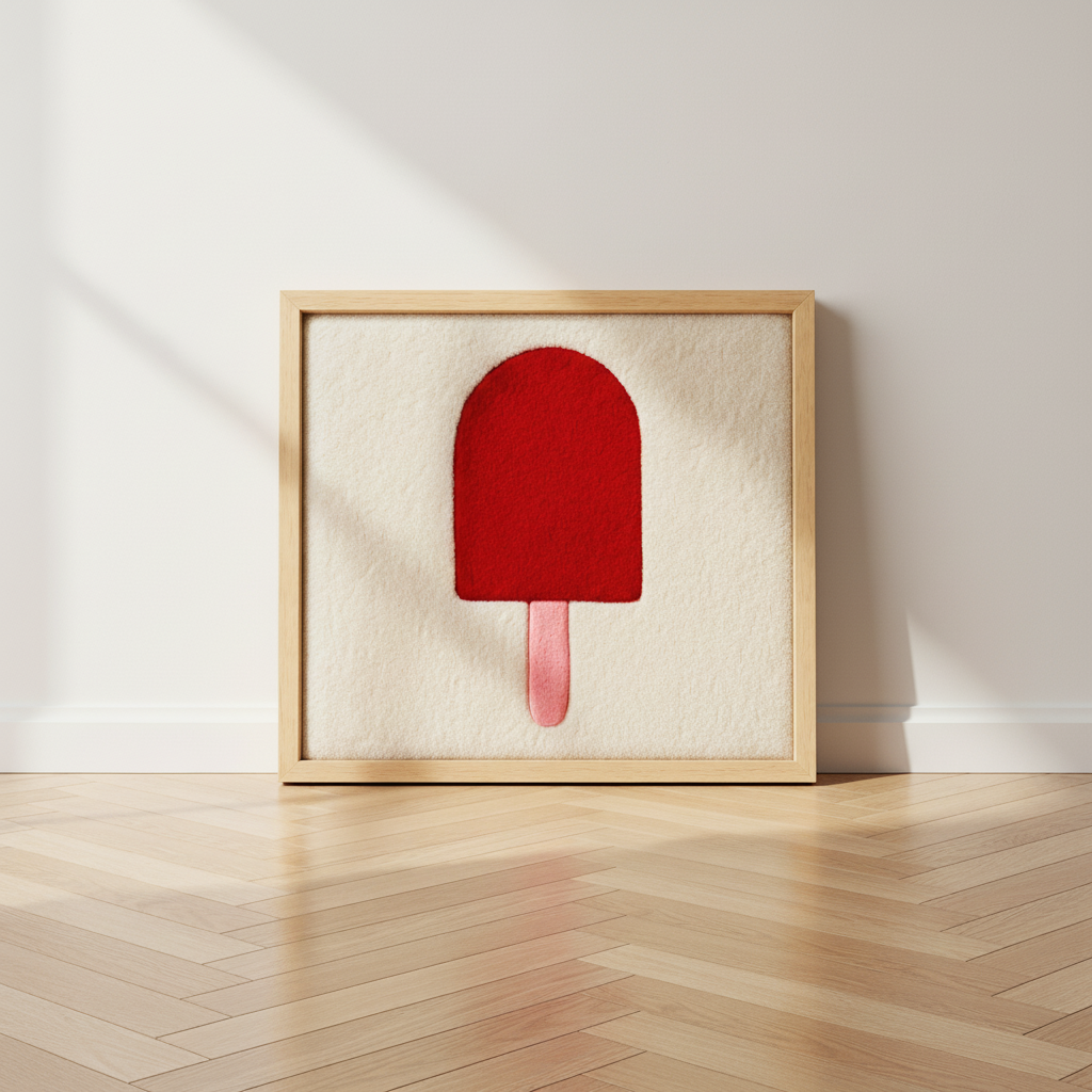 Hand-tufted wall art. Ice cream red in wooden frame. 50x50 cm.