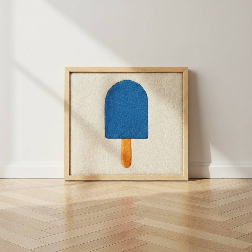 Hand-tufted wall art. Ice cream blue in wooden frame. 50x50 cm.