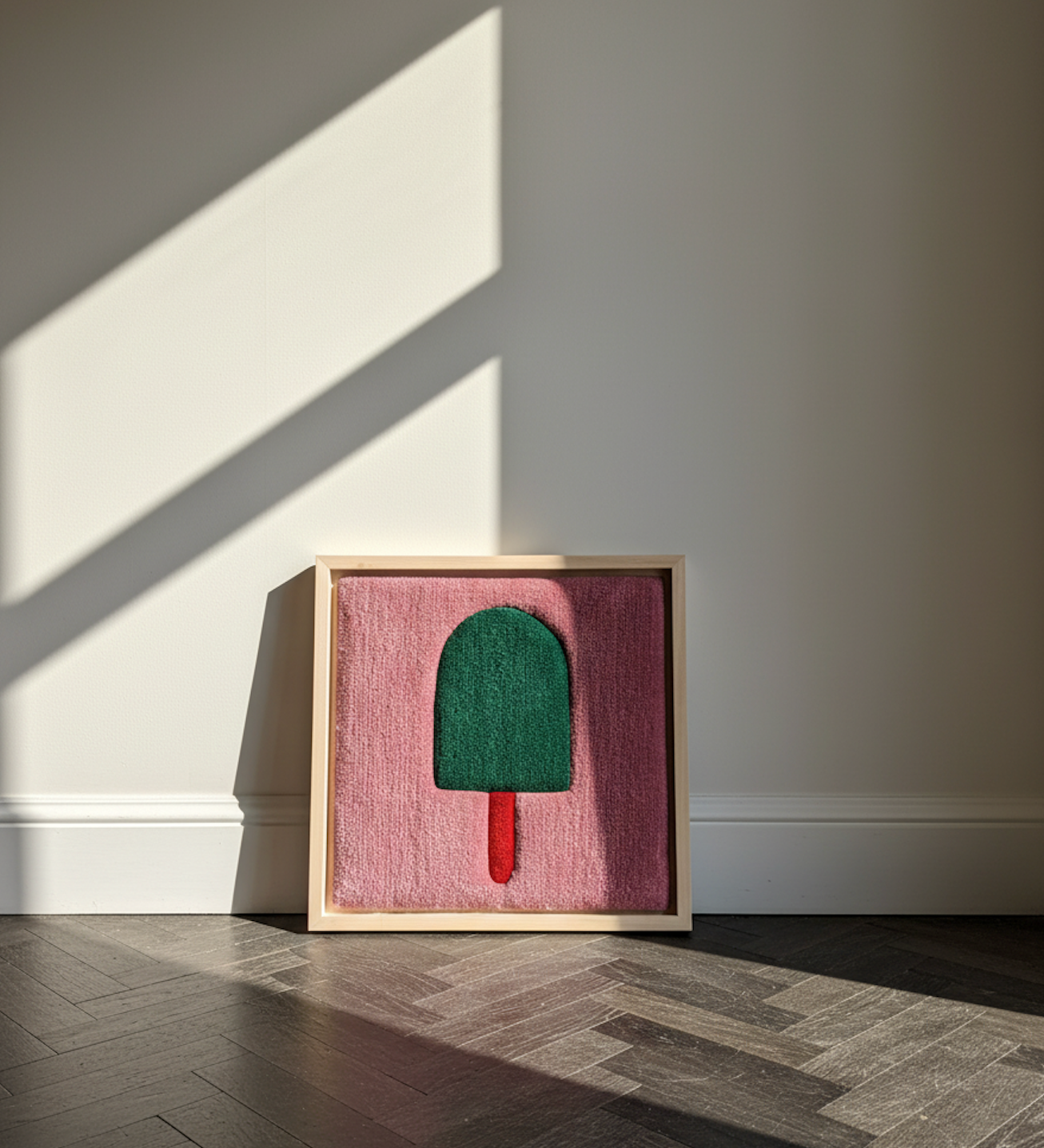 Hand-tufted wall art. Ice cream green in wooden frame. 50x50 cm.