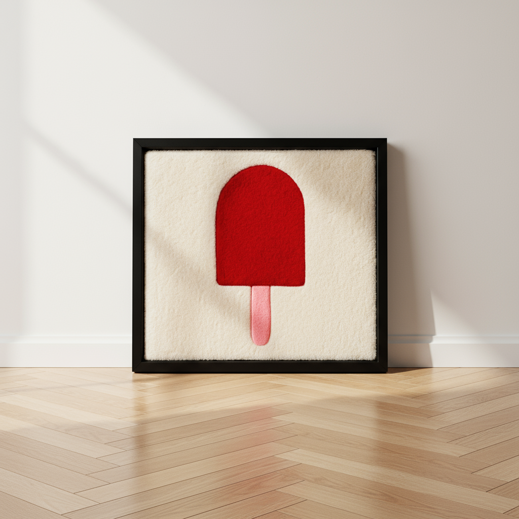 Hand-tufted wall art. Ice cream red in wooden frame. 50x50 cm.