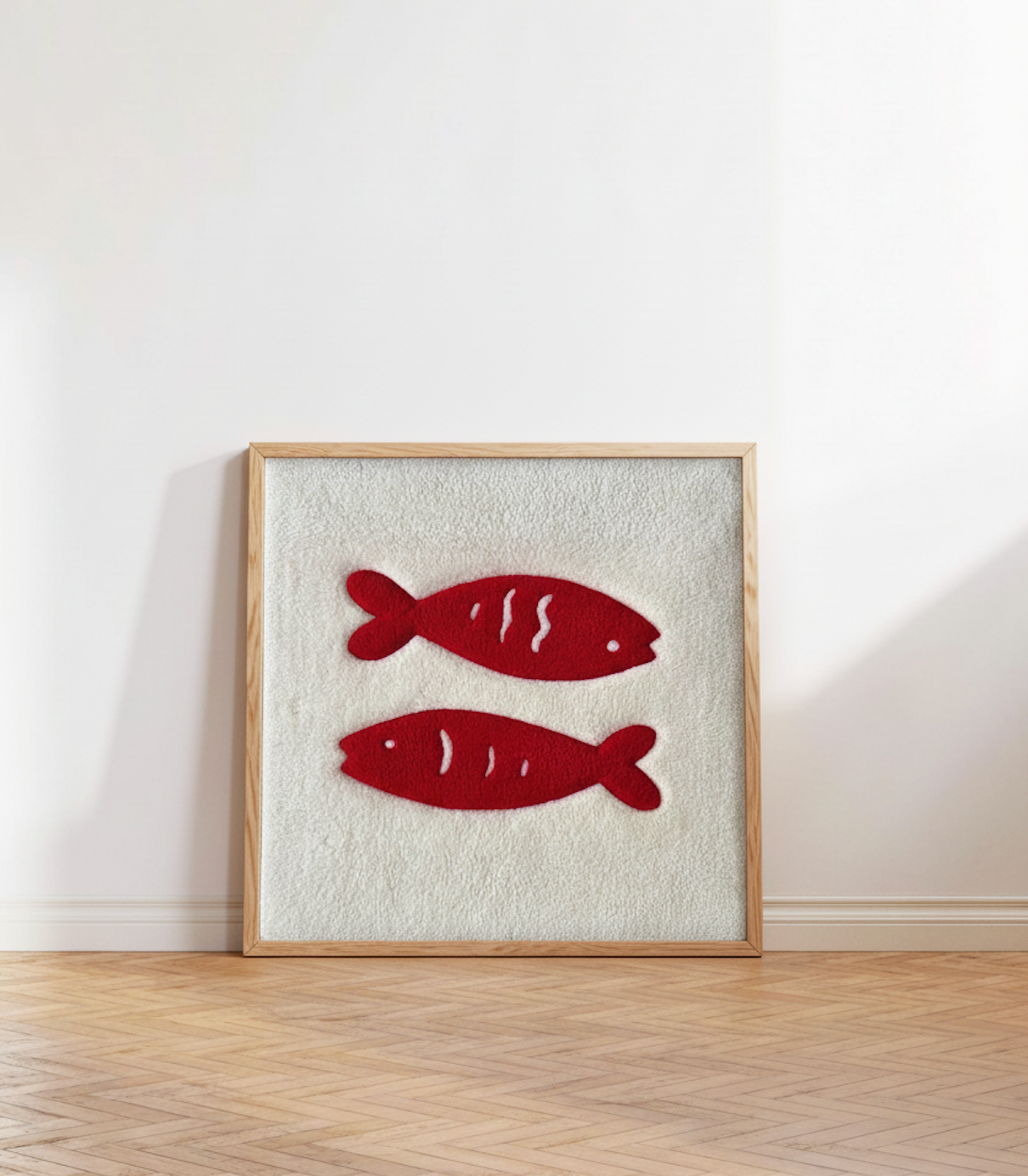 Hand-tufted wall art. Sardines red in wooden frame. 30 x 30 cm.